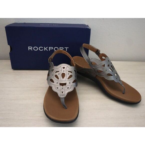 Rockport CH2086 Women's Sz 10M Pewter Metallic Ridge Slingback Sandals - Picture 1 of 10